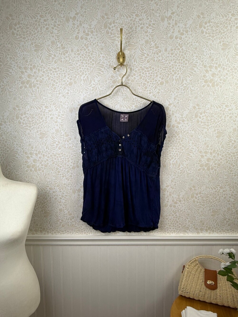 Free People Vintage Navy Embellished Cap Sleeve Top - Size - Large